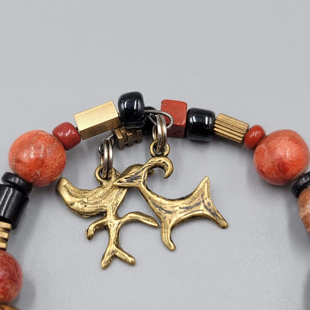 Stone Brass Animal Charm Bracelet Memory Wire Brown Orange