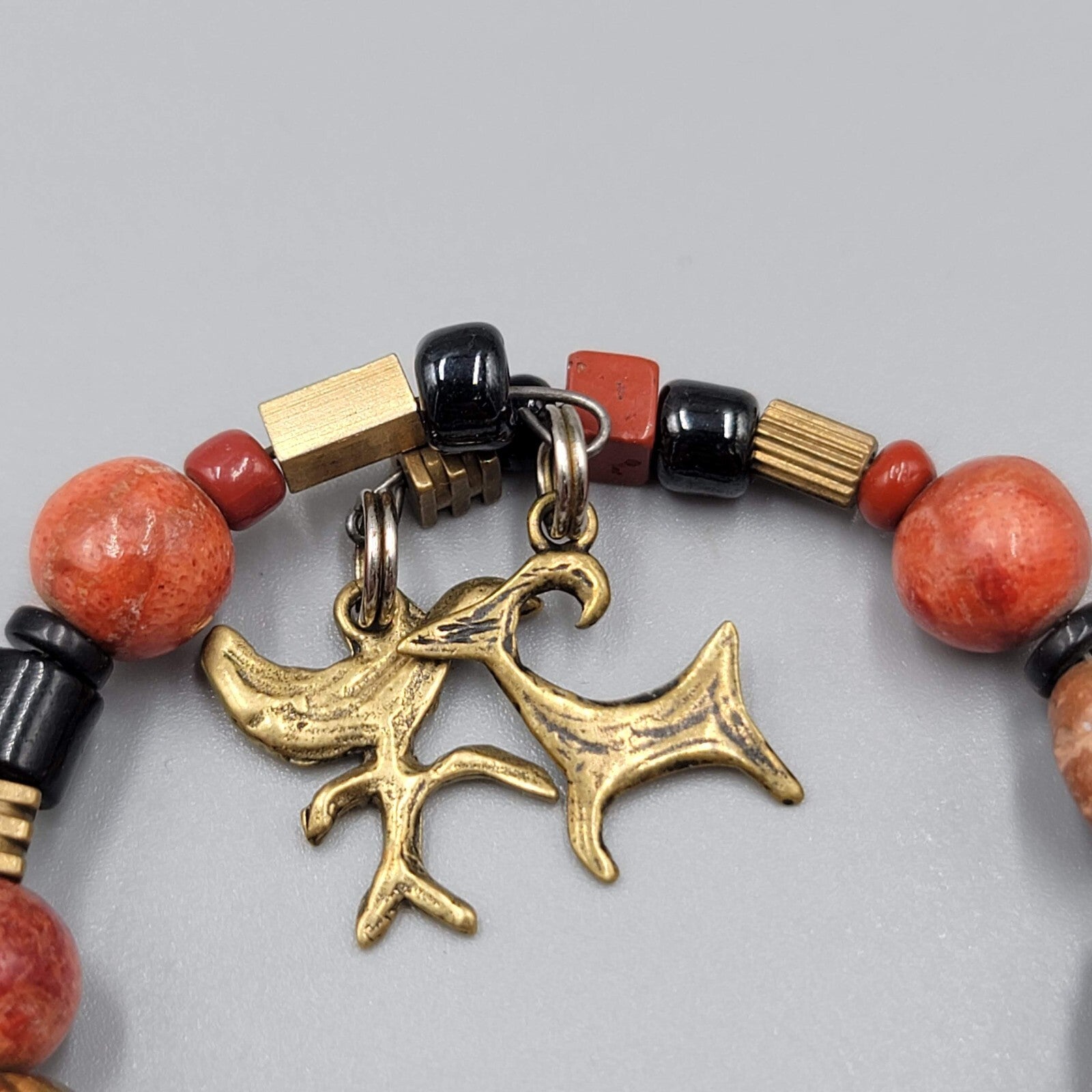Stone Brass Animal Charm Bracelet Memory Wire Brown Orange