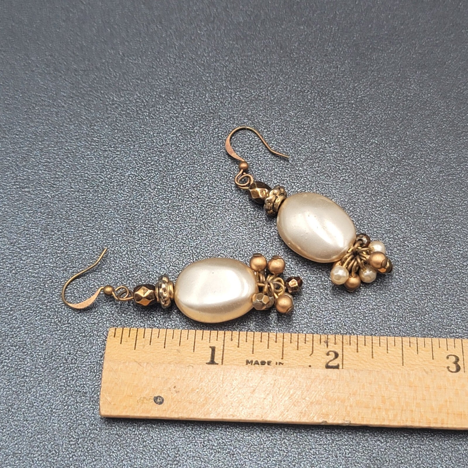 Pierced Earrings Copper tone Faux Pearl Beaded Dangle 1.5"