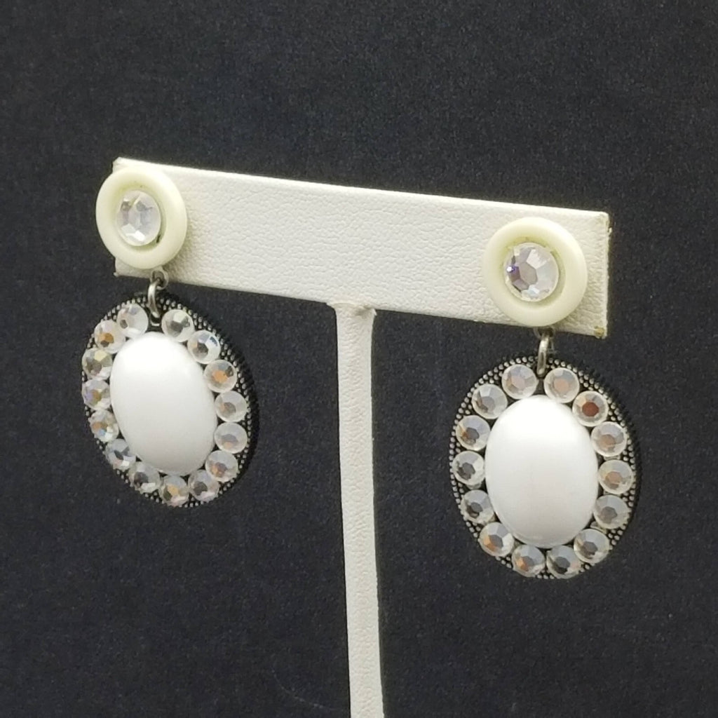 Pierced Earrings Black White Acrylic Oval Button Crystal Statement Dangle 1 5/8"