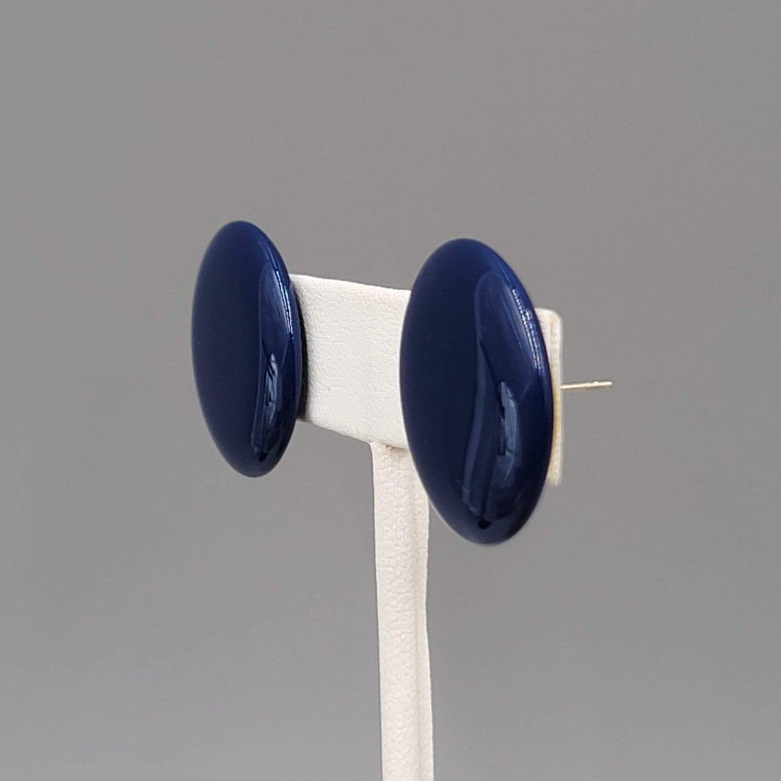Vintage Navy Blue Enamel Pierced Earrings Round Disc 1"