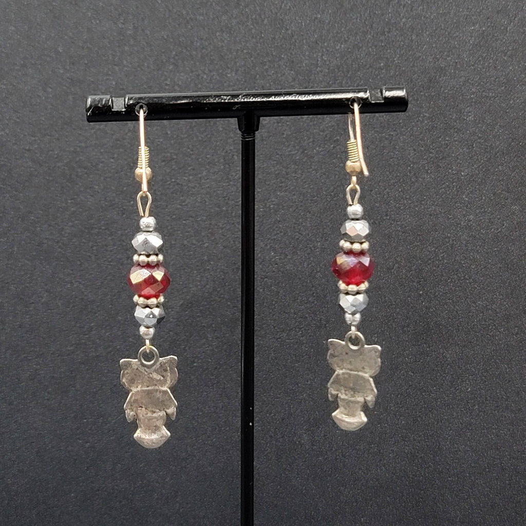 Owl Pierced Earrings Silver tone Red Bead Dangle 2"