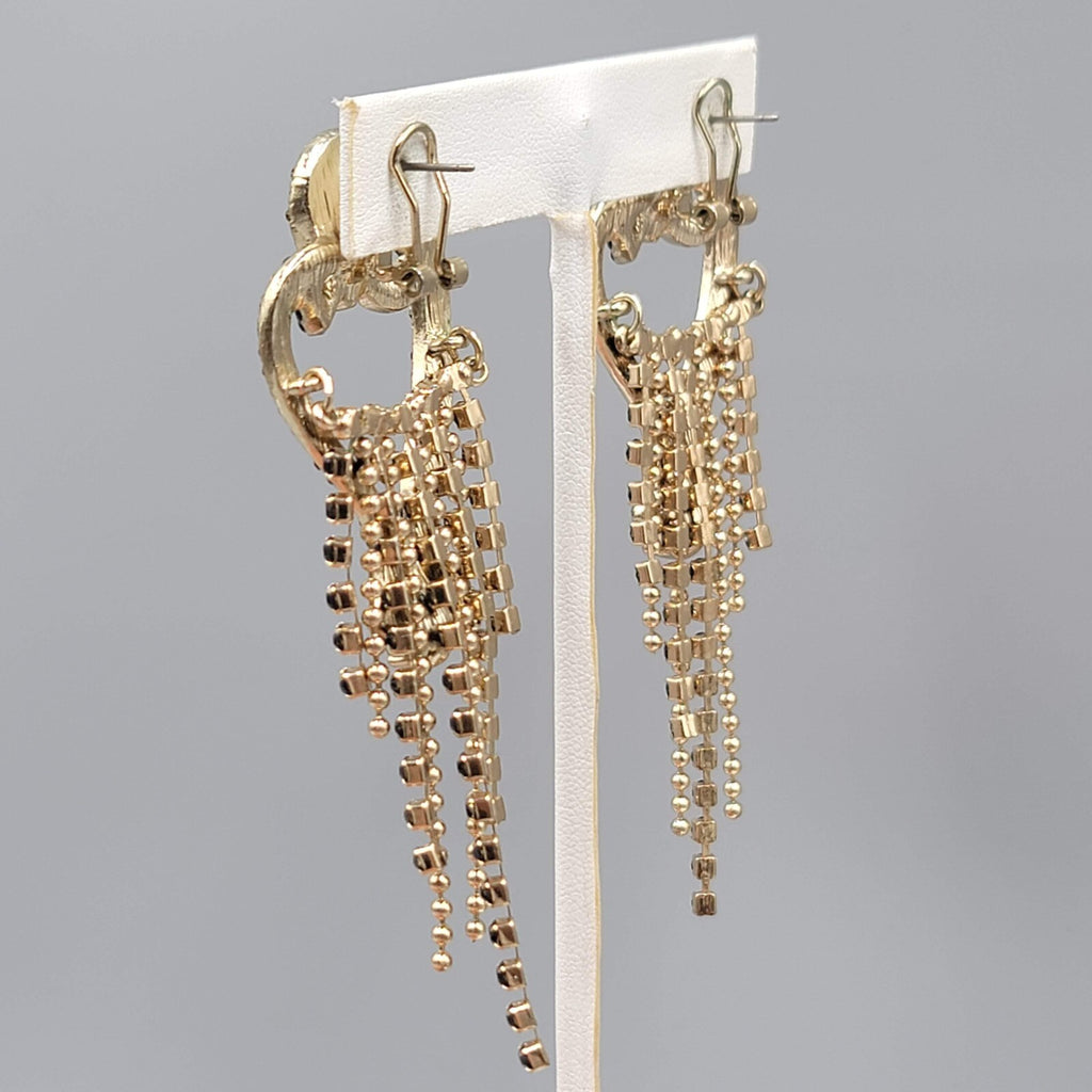 Statement Pierced Earrings Gold tone Black Rhinestone Chandelier Long 3.25"