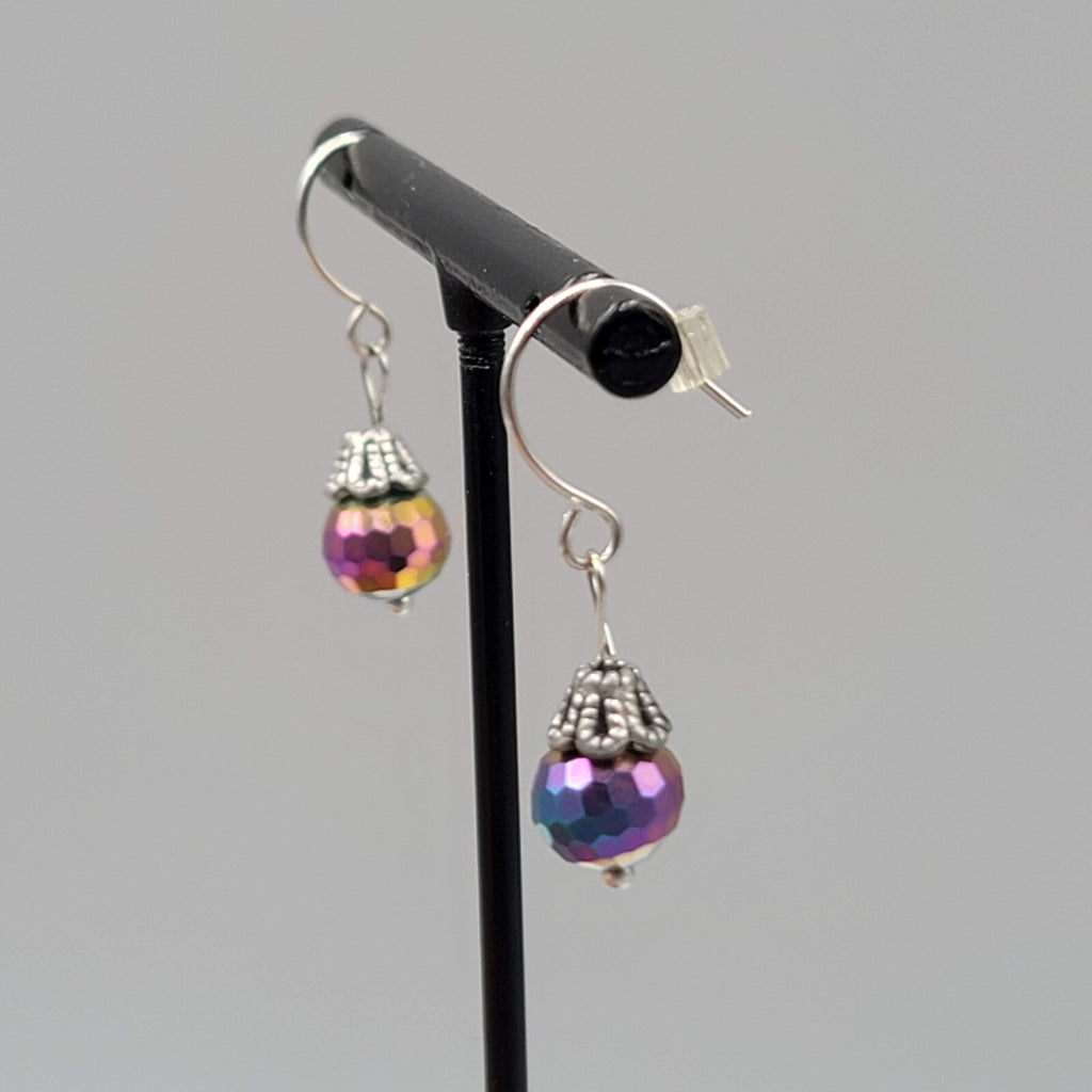 Rainbow Iridescent Sparkle Faceted Bead Dangle Pierced Earrings Silvertone 5/8"