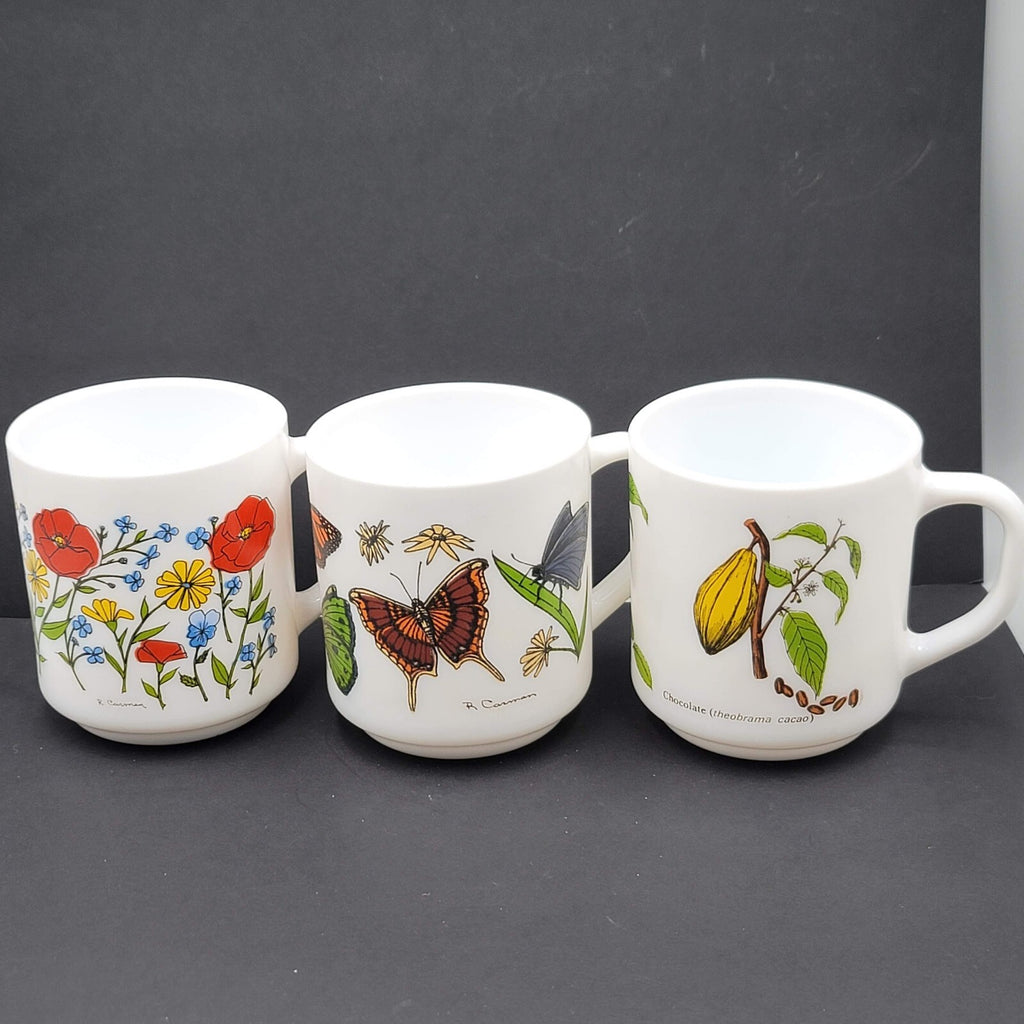 Vtg White Milk Glass Coffee Mugs Made in France Lot of 3 Butterfly Flowers Plant