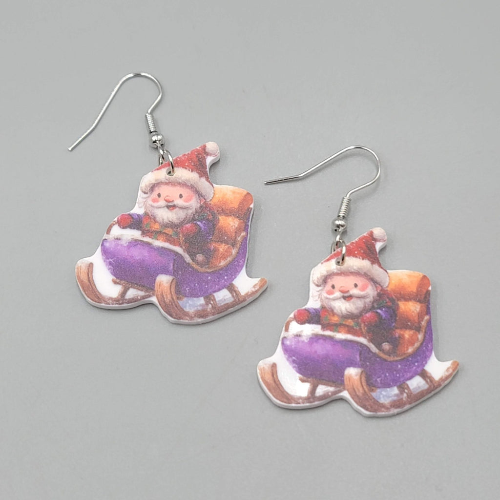 Christmas Santa Sleigh Pierced Earrings Silver tone Dangle 1.25 in