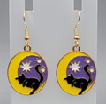 Kitty Cat in the Sun Enamel Pierced Earrings Gold tone Dangle 1 1/8"
