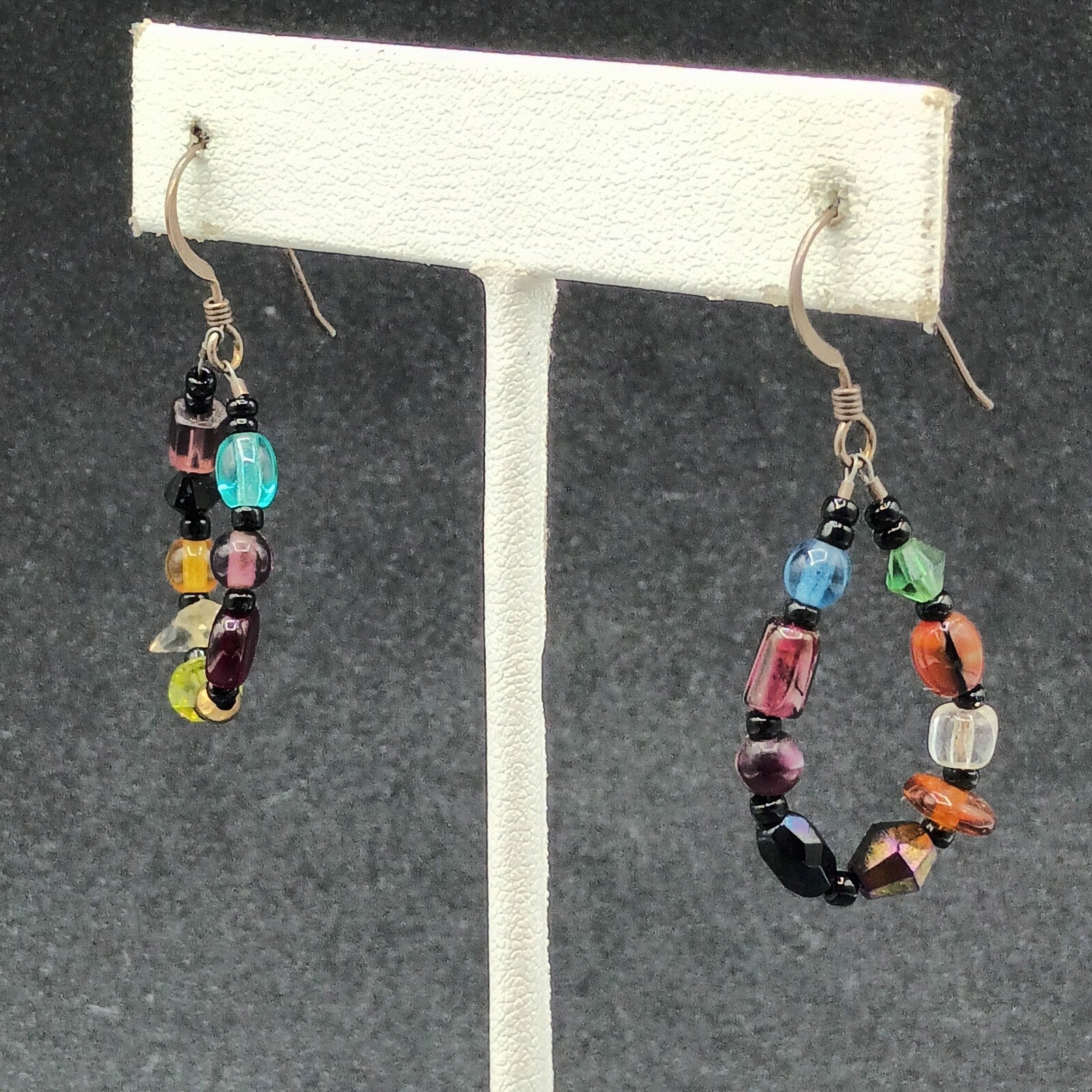 Pierced Earrings Silver tone End of Day Beads Multicolor Loop Dangle 1 1/8"