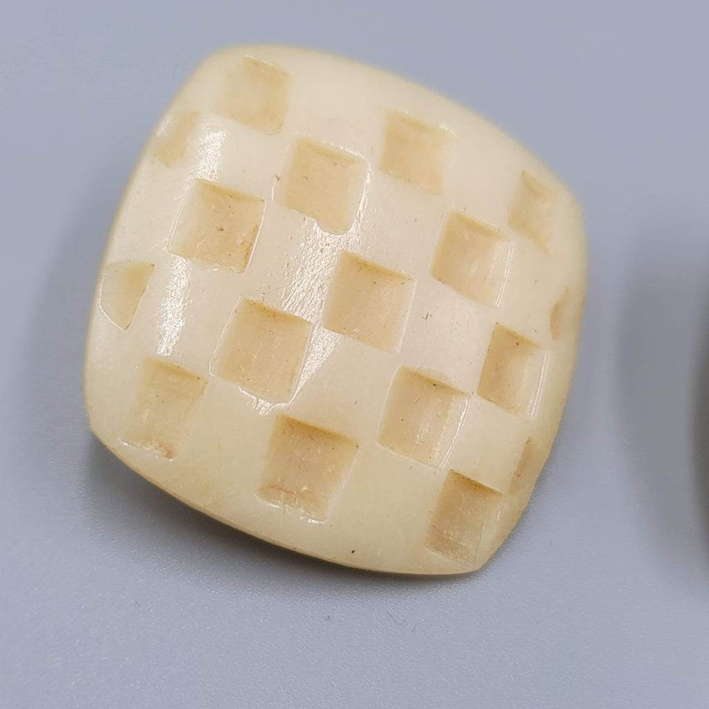 Vintage Clip on Earrings Hand Carved Checkered Square Drop 1.25"