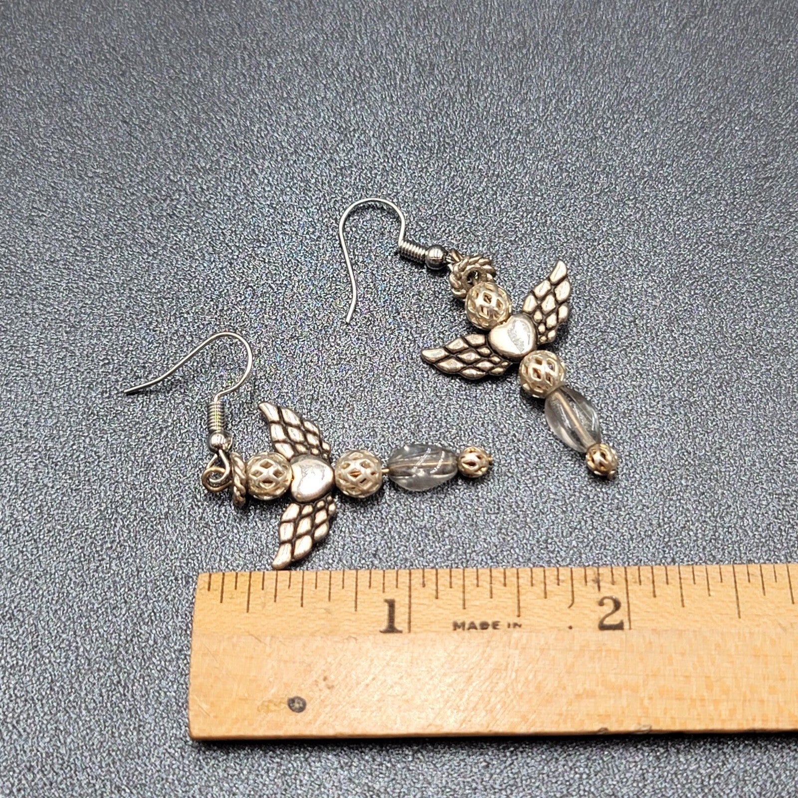 Vintage Angel Pierced Earrings Silver tone Bead Dangle 1.5"