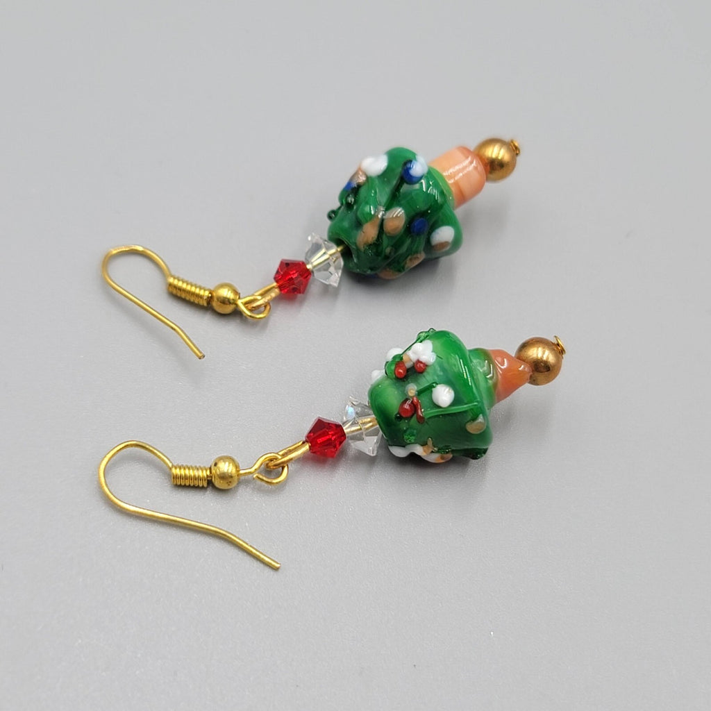 Christmas Tree Pierced Earrings Art Glass Bead Dangle 1.25"