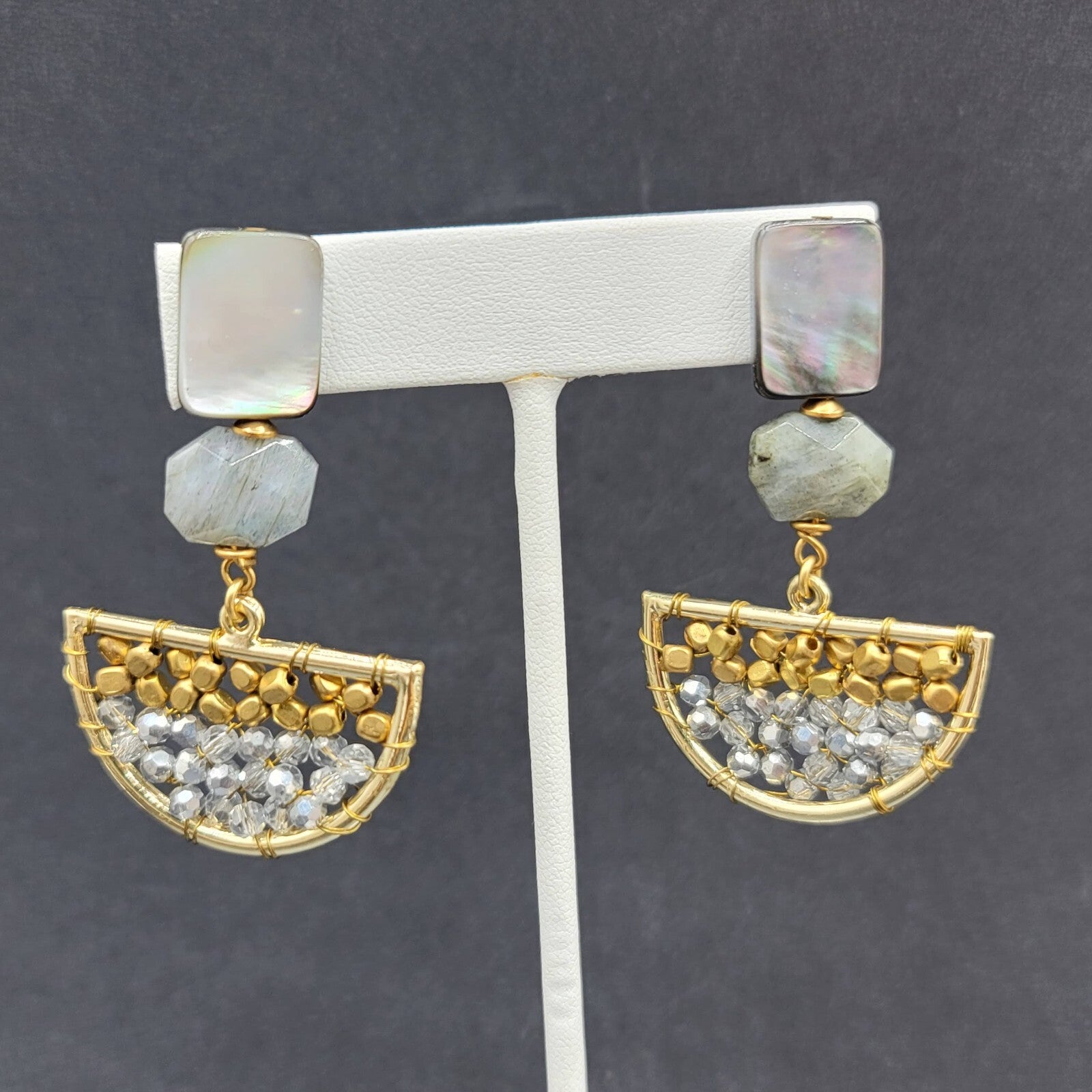 Pierced Earrings Gold tone Abalone and Stone Beaded Boho Dangle 2 1/4"