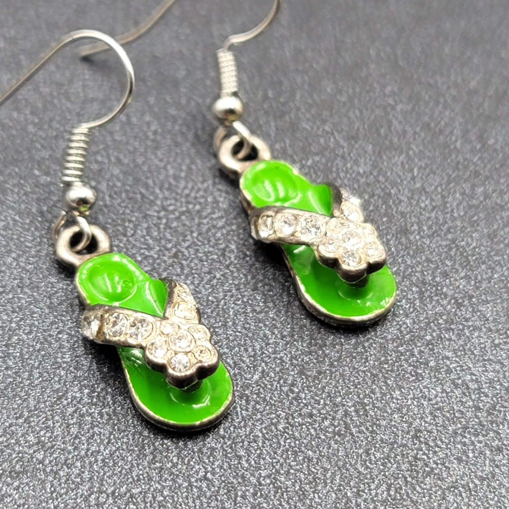 Pierced Earrings Green Enamel Flip Flop Rhinestone Dangle 1"