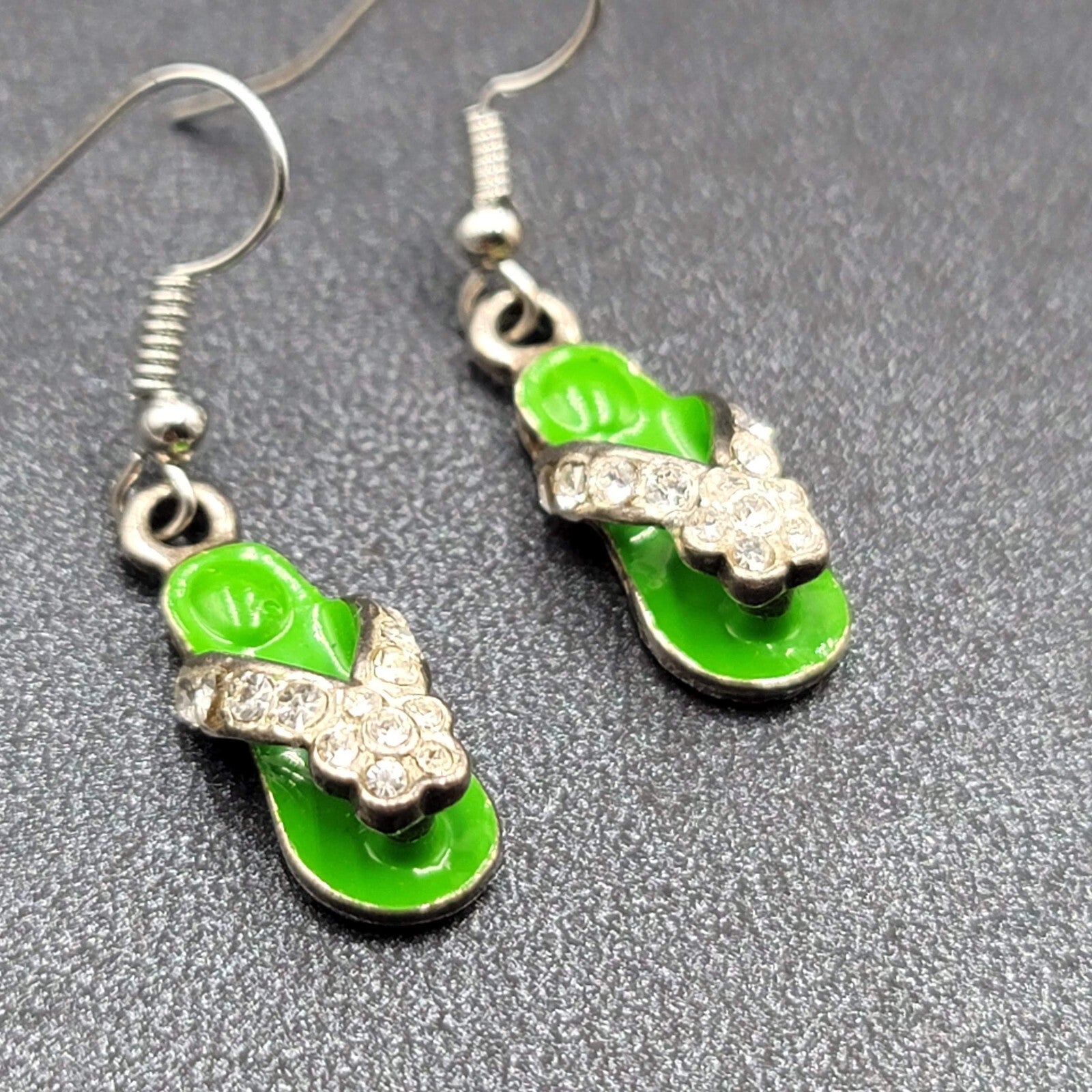 Pierced Earrings Green Enamel Flip Flop Rhinestone Dangle 1"