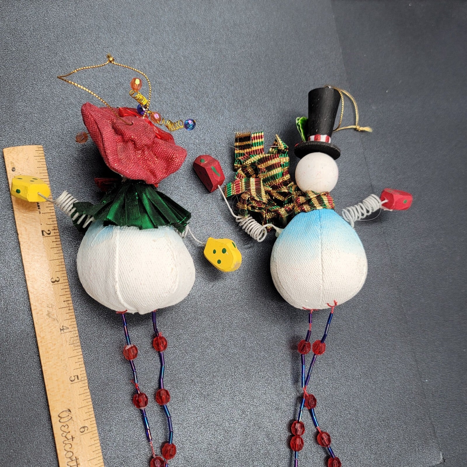Christmas Snowman Ornament Lot of 2 Hand Painted Wood Canvas Beaded LONG 12"
