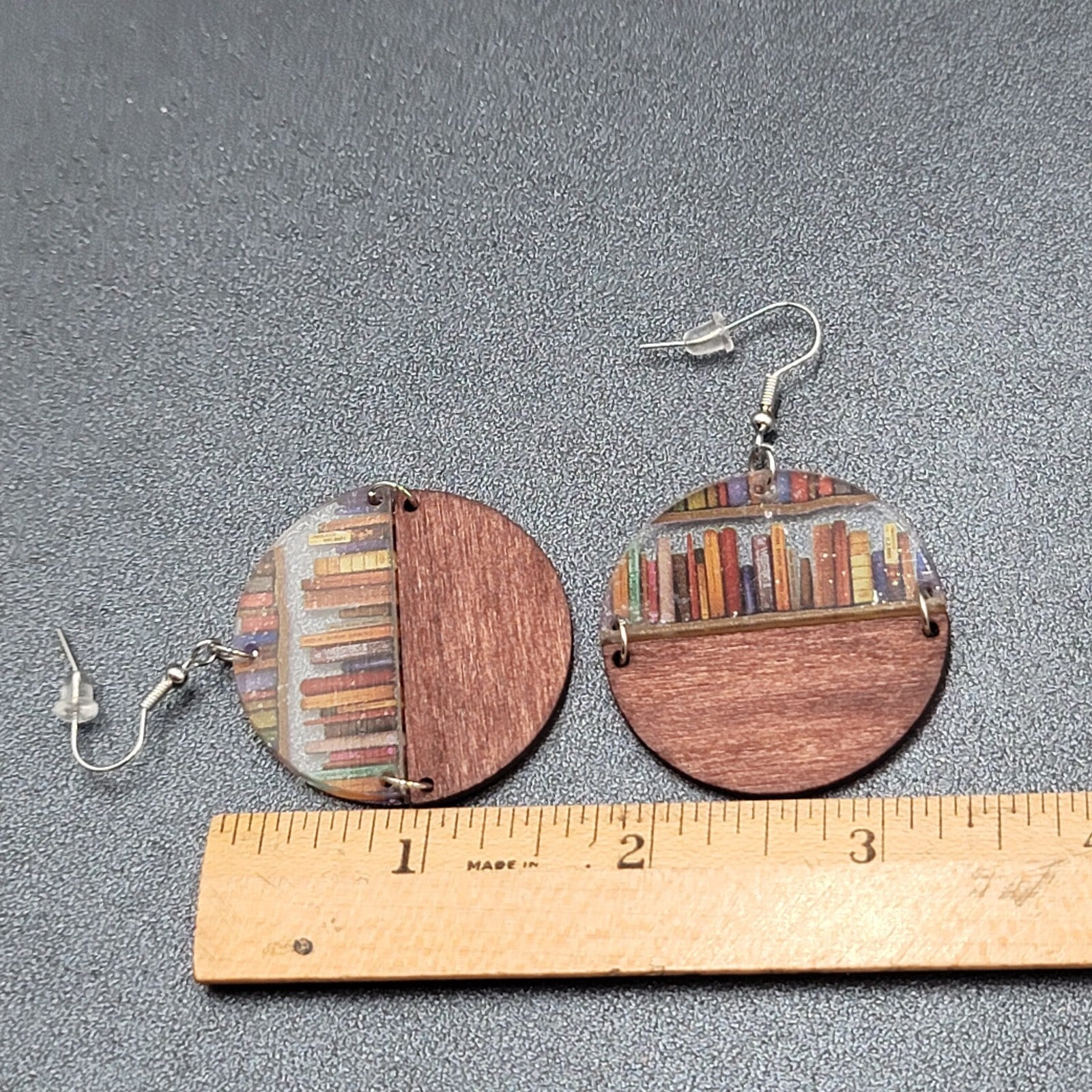 Pierced Earrings Wood and Resin Book Lovers Shelf Modernist Dangle 1 5/8"