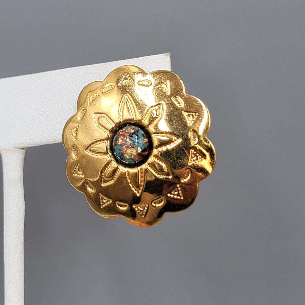 Vintage Southwest Concho Pierced Earrings Gold tone Foil Center Drop 1 1/8"
