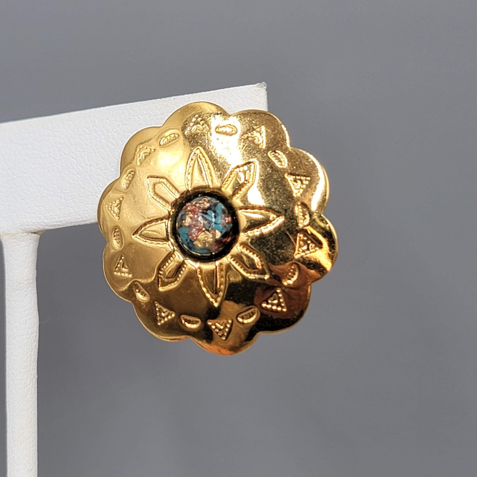 Vintage Southwest Concho Pierced Earrings Gold tone Foil Center Drop 1 1/8"