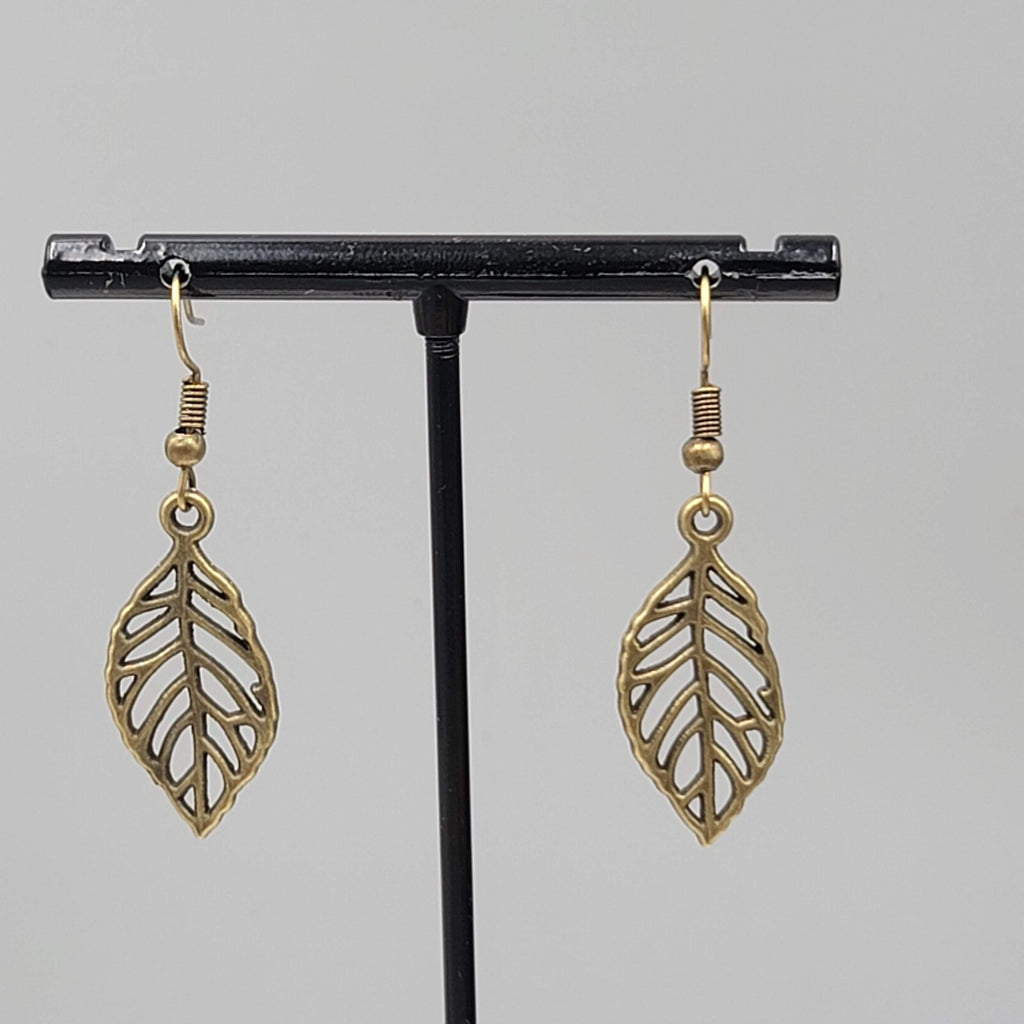 Leaf Pierced Earrings Bronze tone Wavy Dangle NEW 1"