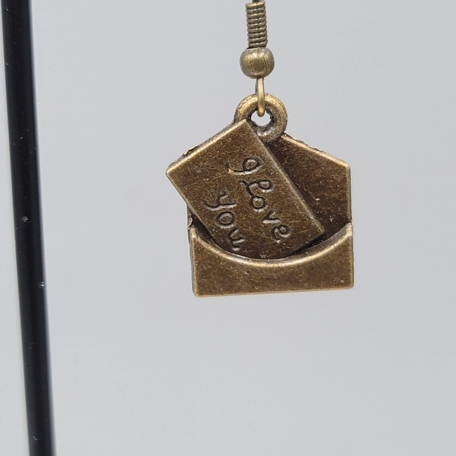 Love Note Pierced Earrings Bronze tone Dangle Embossed 3/4"