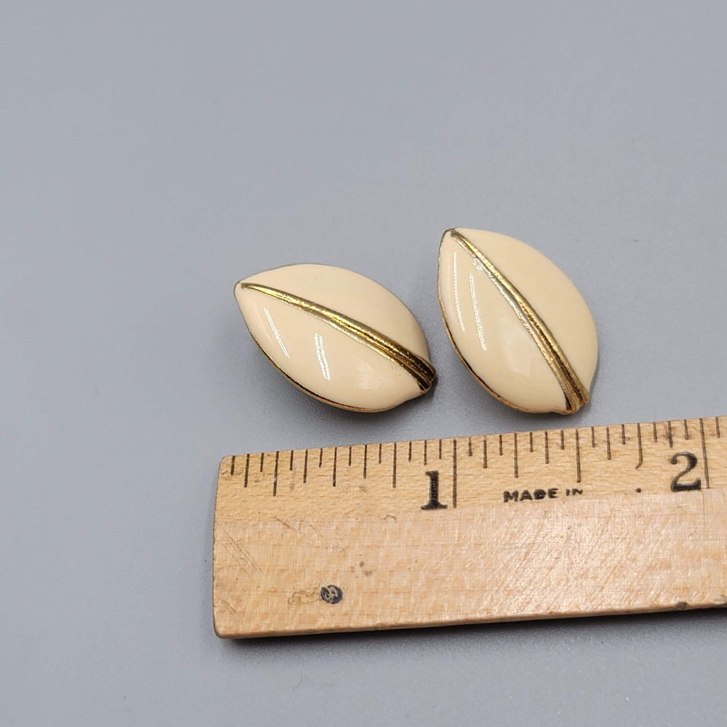 Vintage Pierced Earrings Gold tone Cream Enamel 7/8"