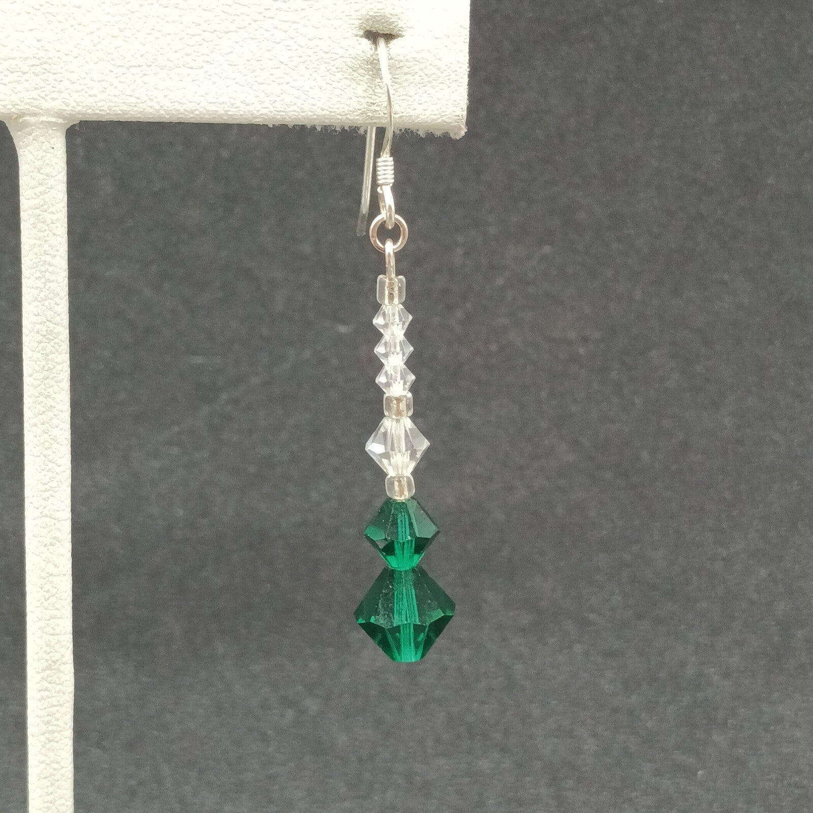 Pierced Earrings Silver tone Hook Faceted Clear Green Beaded Dangle 1 1/4"