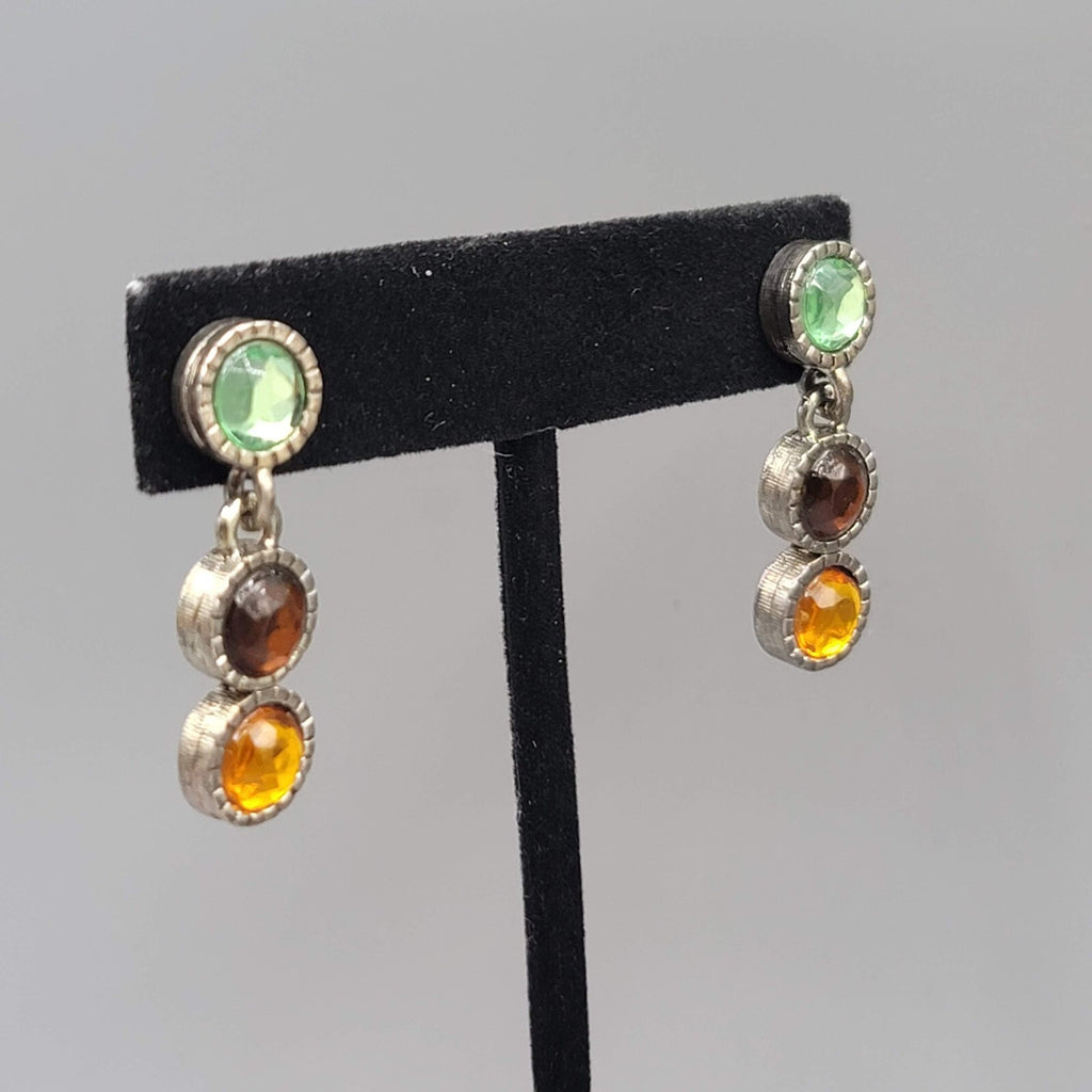 Pierced Earrings Silver tone Multicolor Rhinestones Round Dangle 1.25"
