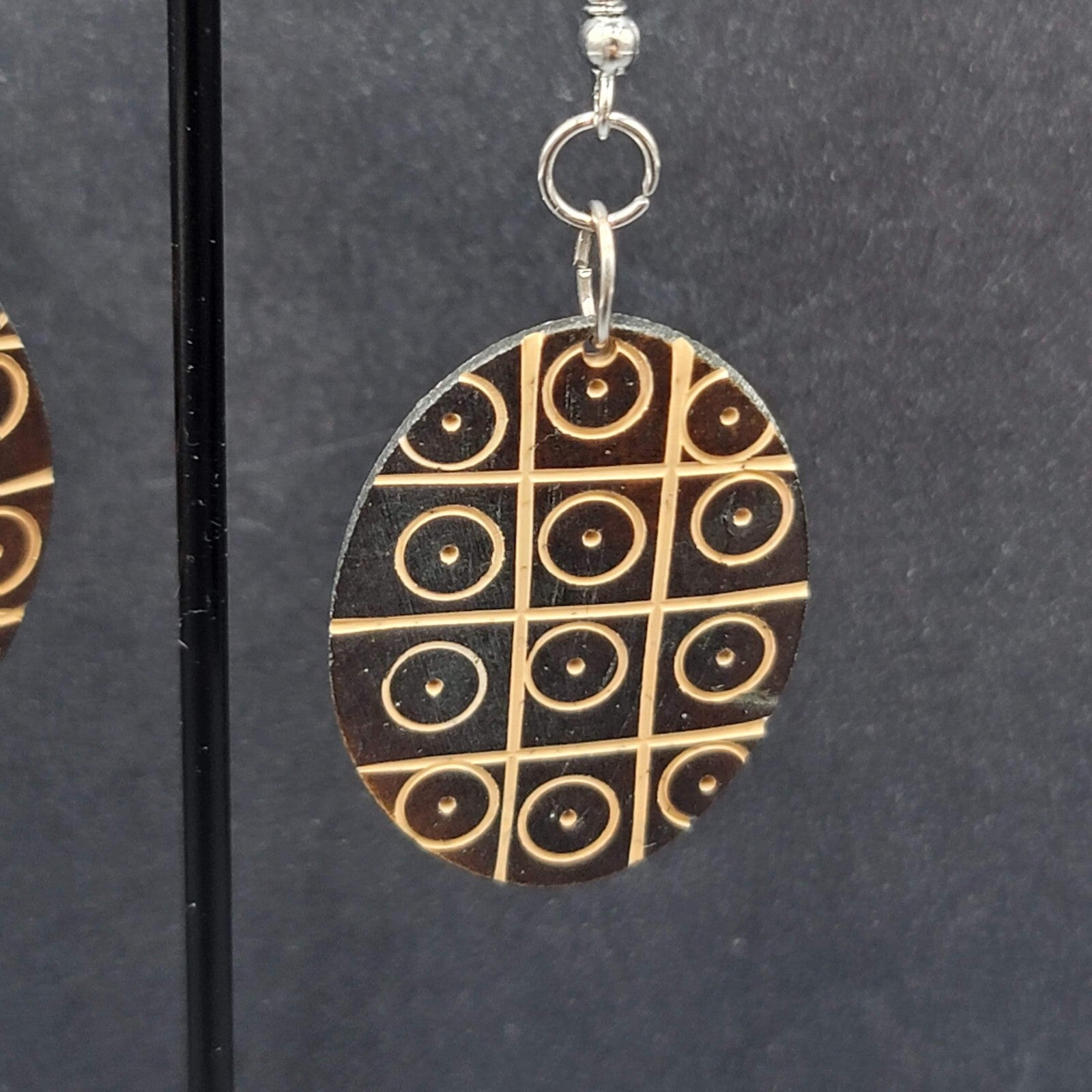 Pierced Earrings Hand Carved Wood Oval Dangle Silver tone 1.5"