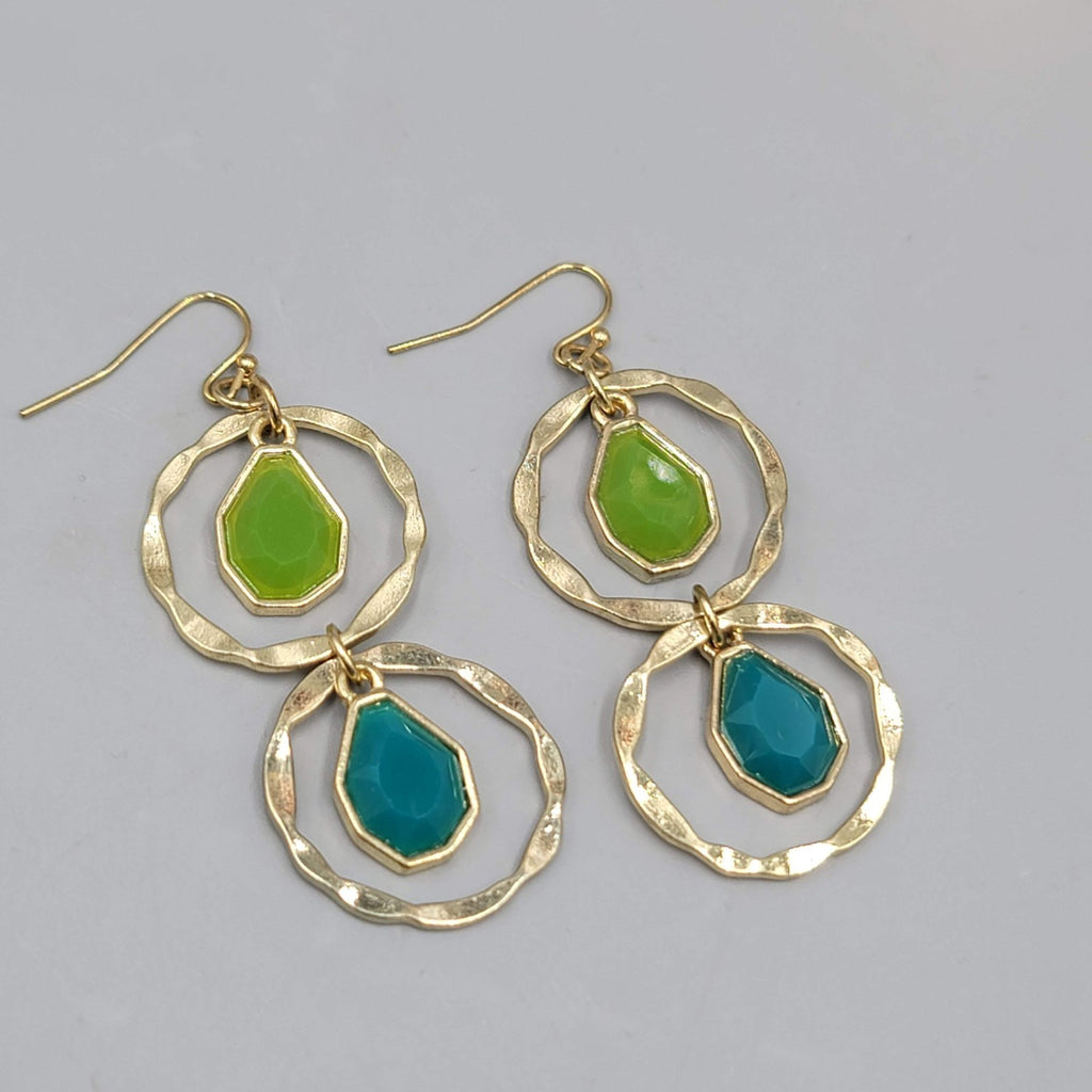 Double Ring Green Blue Pierced Earrings Gold tone Dangle 2 in