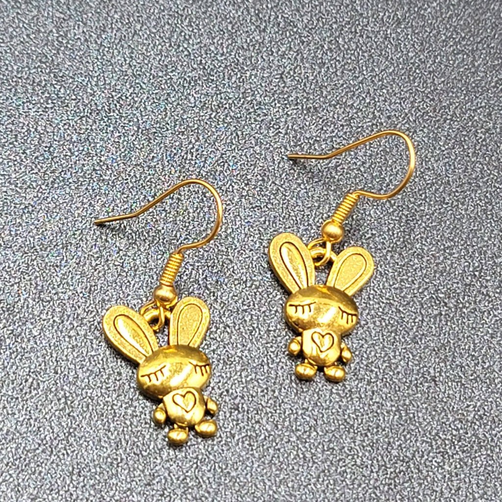 Bunny Pierced Earrings Heart Shirt Dangle Gold tone 3/4"