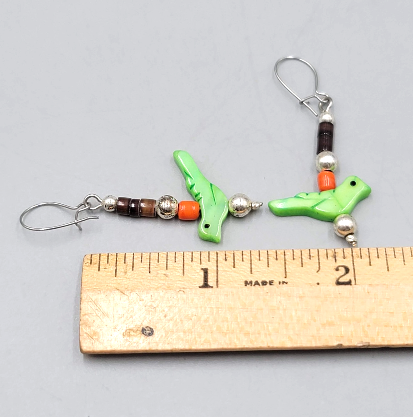 Vintage Green Bird Mother of Pearl Pierced Earrings Coral Coconut Bead 1.25 in