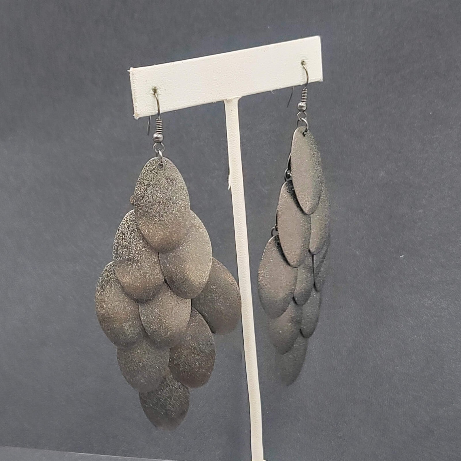Pierced Earrings Gunmetal Gray Textured Layered Chandelier Dangle 4"