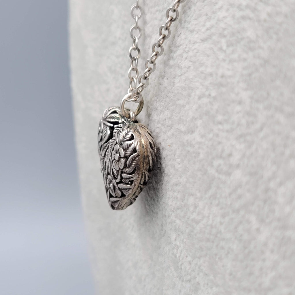Sterling Silver Necklace Flower Embossed Puffy Heart Pendant Long Chain 30 in