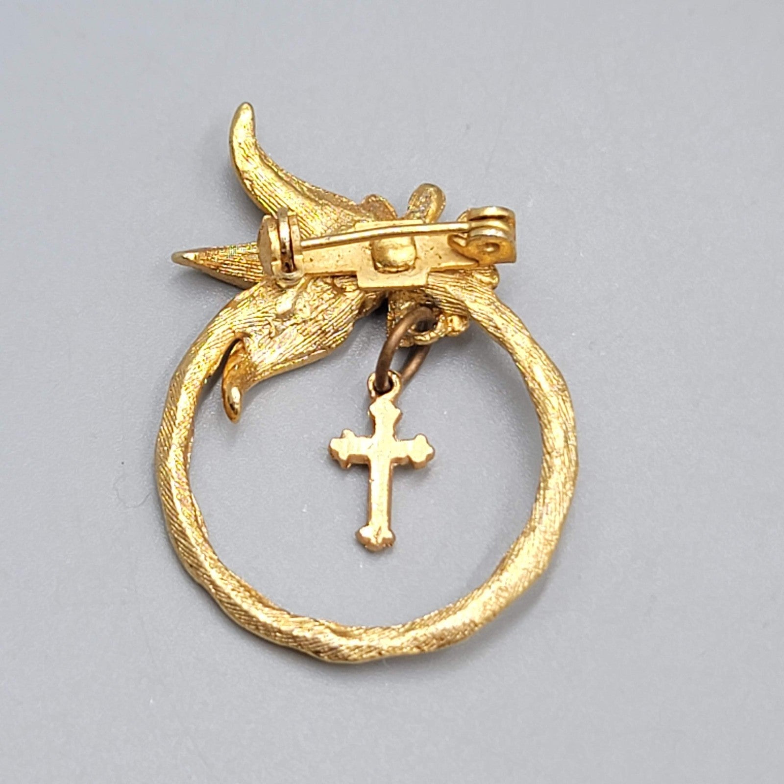 Vintage Cross Bow Blue Rhinestone Brooch Gold tone Dangle 1.25"