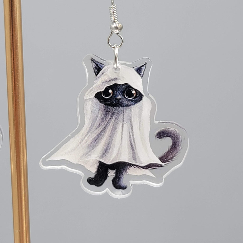 Halloween Black Kitty Cat Ghost Pierced Earrings Silver tone Dangle 1.5 in