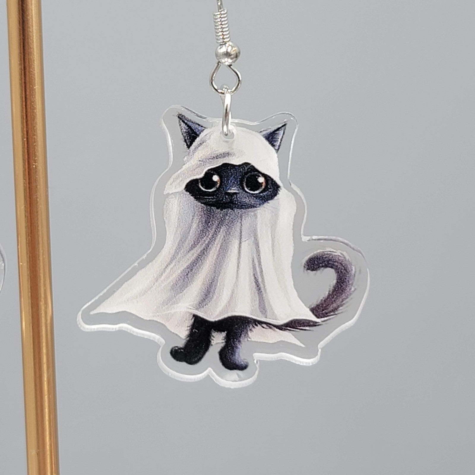Halloween Black Kitty Cat Ghost Pierced Earrings Silver tone Dangle 1.5 in