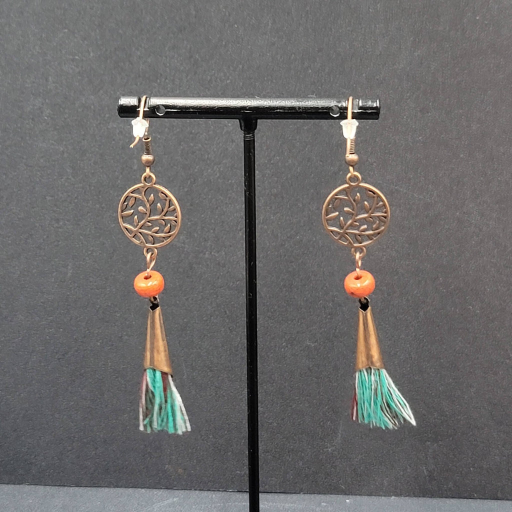 New Boho Pierced Earrings Copper tone Blue Tassel Red Bead Dangle 2.75"