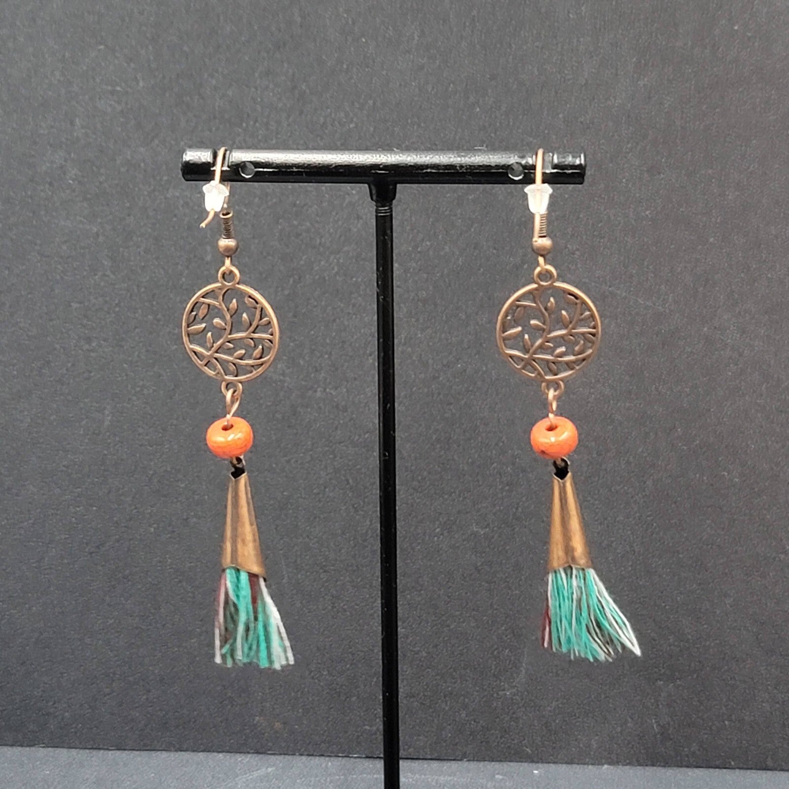 New Boho Pierced Earrings Copper tone Blue Tassel Red Bead Dangle 2.75"
