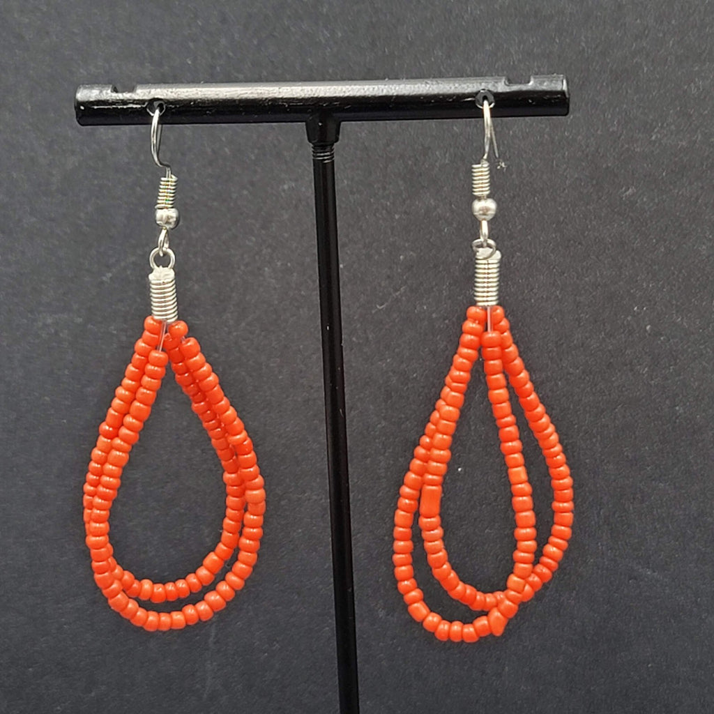 Pierced Earrings Red Seed Bead Double Teardrop Loops Dangle 2"