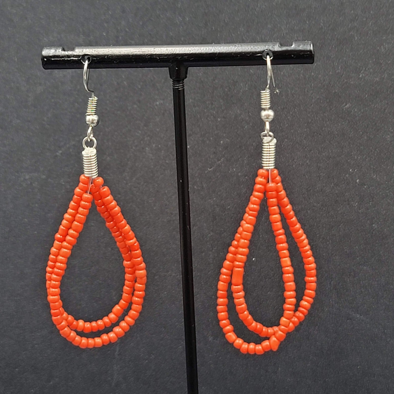 Pierced Earrings Red Seed Bead Double Teardrop Loops Dangle 2"