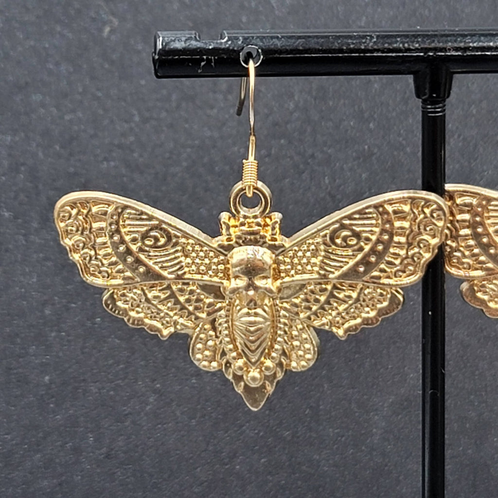 Death Head Moth Pierced Earrings Gold tone Dangle 1" x 1 5/8" 