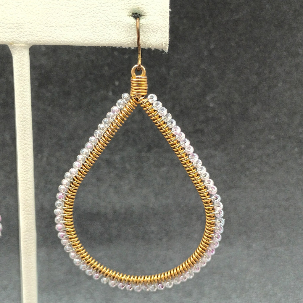 Pierced Earrings Gold tone Wire Wrapped Lavender Bead Teardrop Dangle 2 1/8"