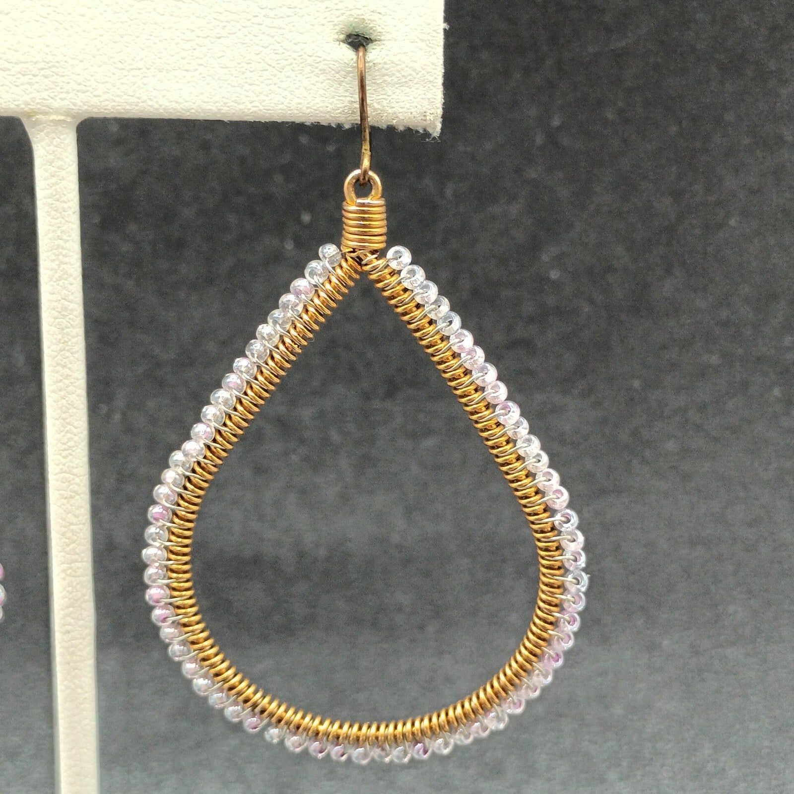 Pierced Earrings Gold tone Wire Wrapped Lavender Bead Teardrop Dangle 2 1/8"