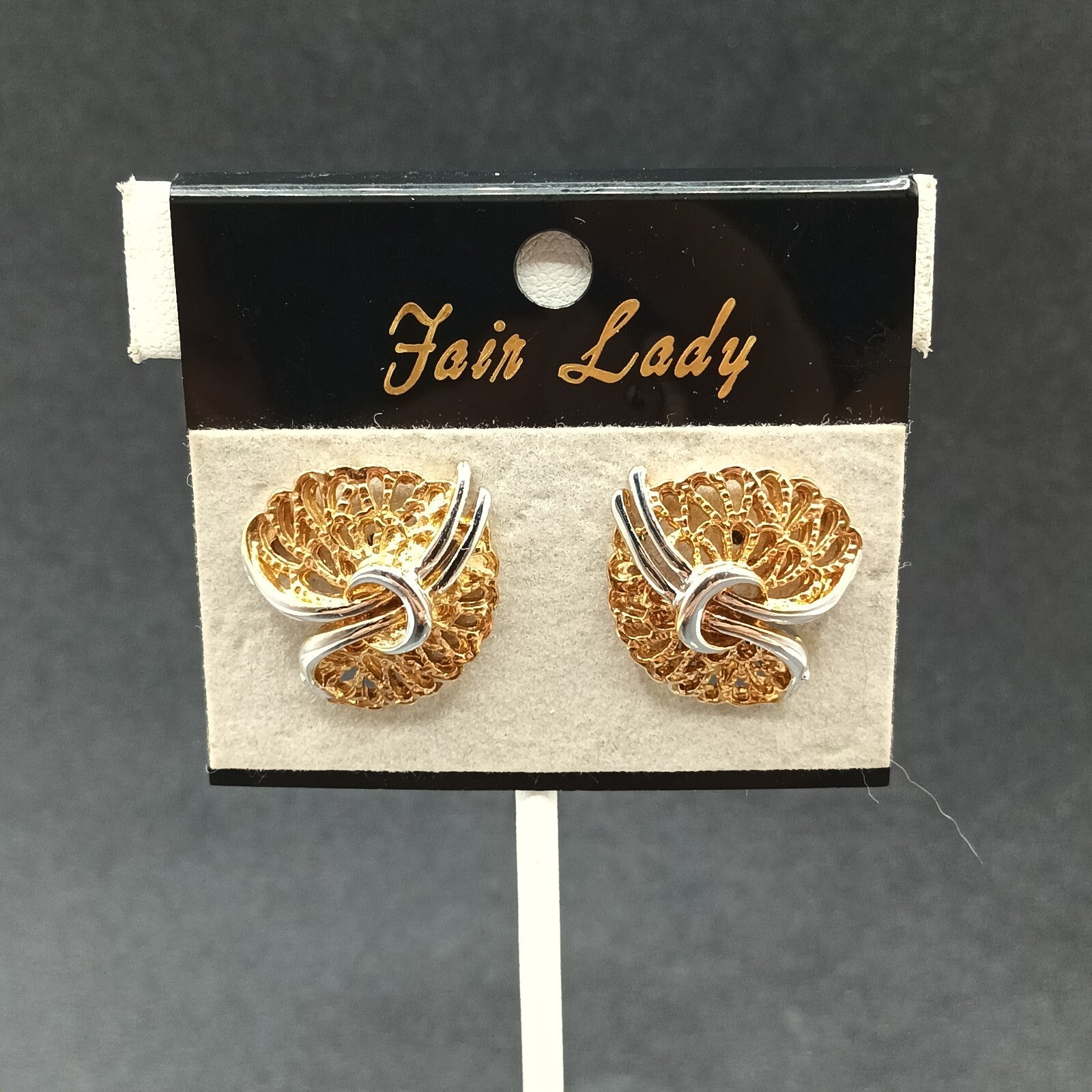 Vintage Fair Lady NOS Clip on Earrings Two tone Open Work Drop 7/8"