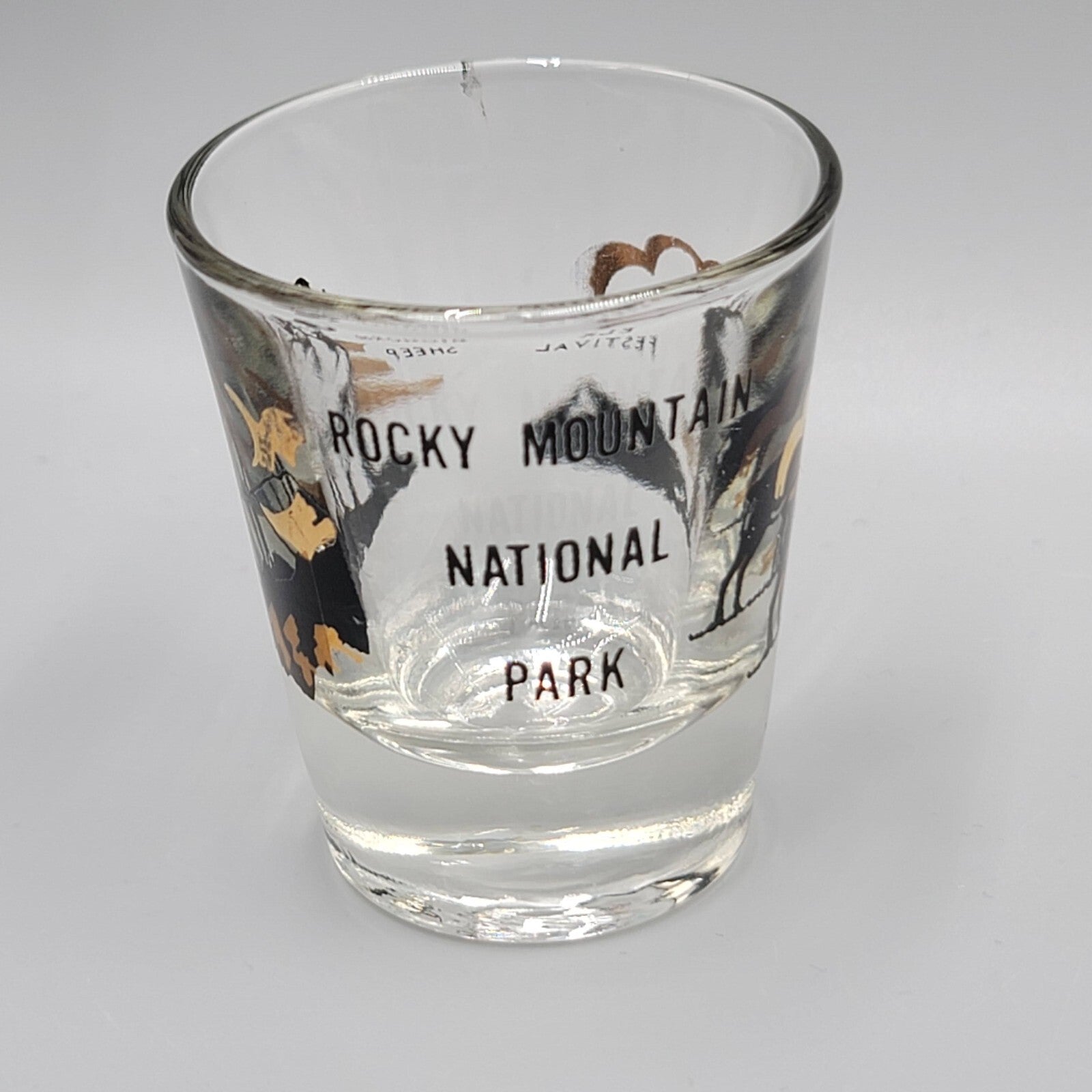 Vintage Rocky Mountain National Park Colorado Shot Glass Black Gold Collectible