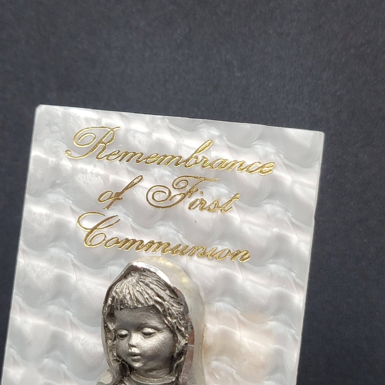 Vintage Pewter Girls First Communion Pewter Italy White Stand 4 1/4" x 2 1/8"