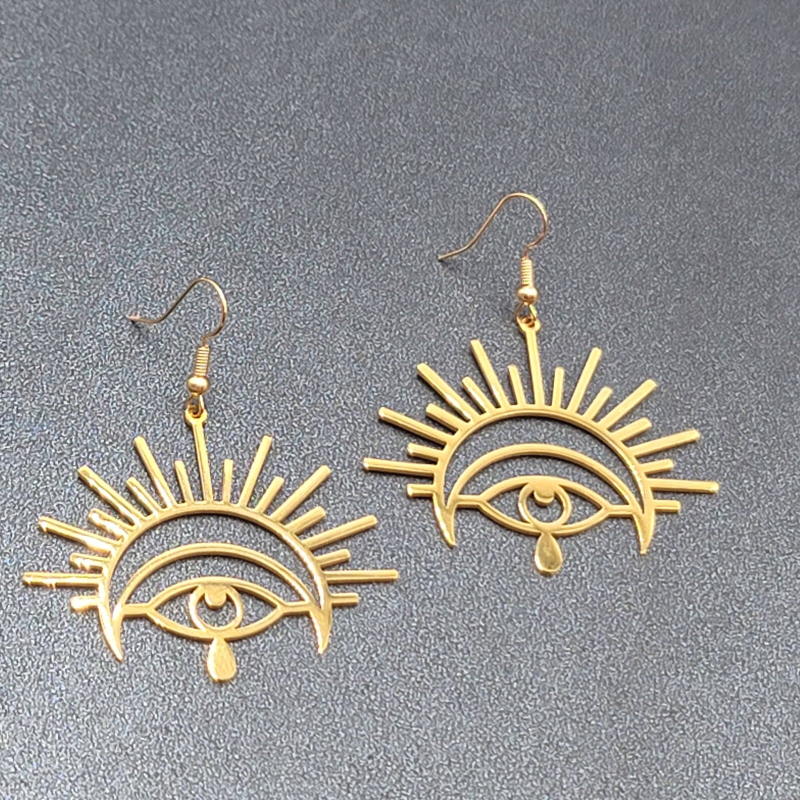 New Evil Eye Pierced Earrings Teardrop Gold Plated Statement Dangle 1 5/8"
