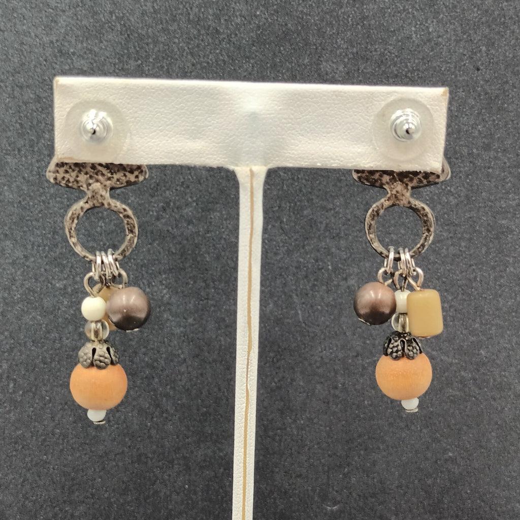 Boho Pierced Earrings Silver tone Wood Bead Dangle 2.25"