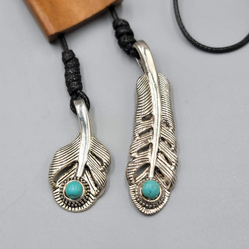 Bolo Style Wood Pendant Necklace Silver tone Feather Charms 30"