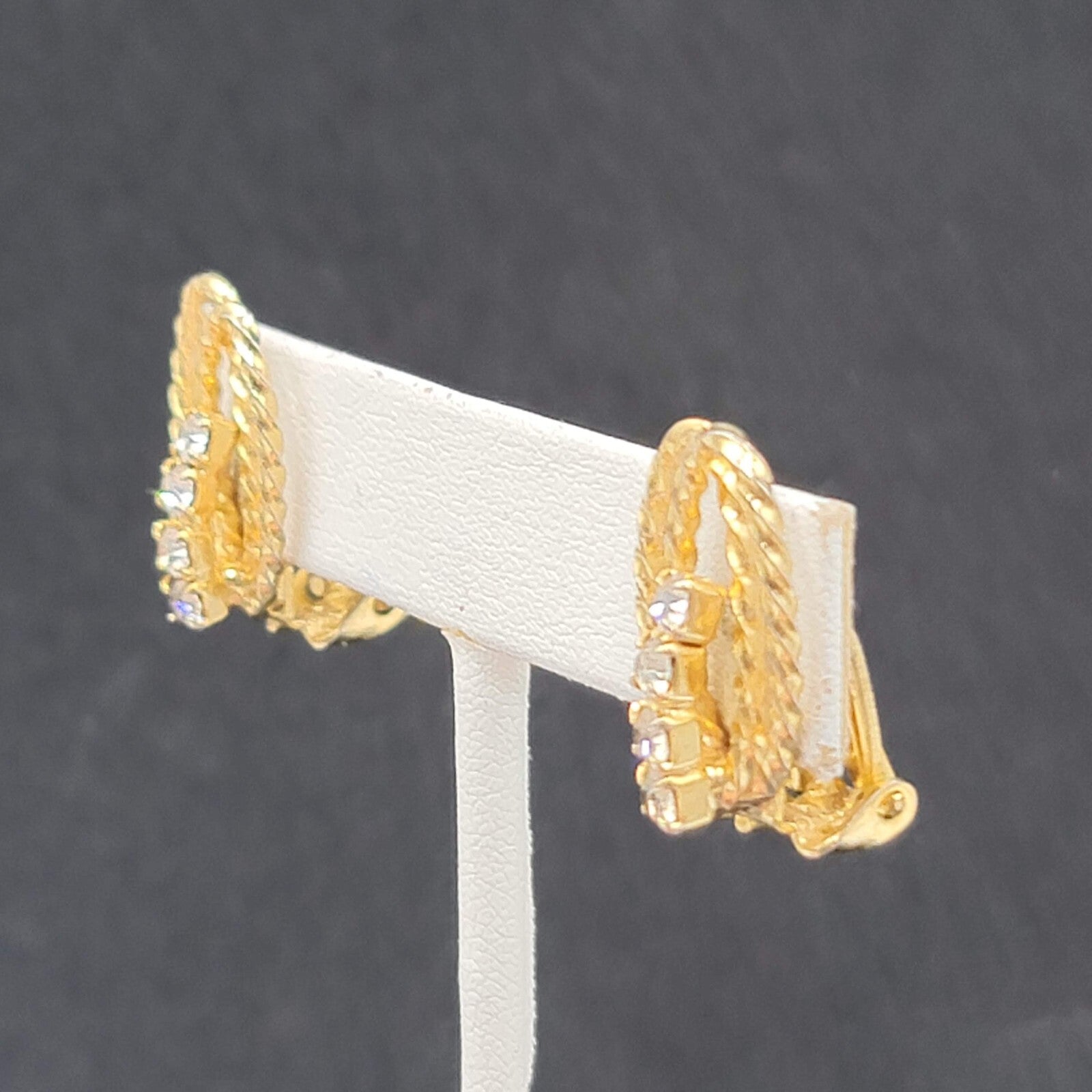 Vintage Clip on Earrings Textured Gold tone Rhinestone Drop 3/4"